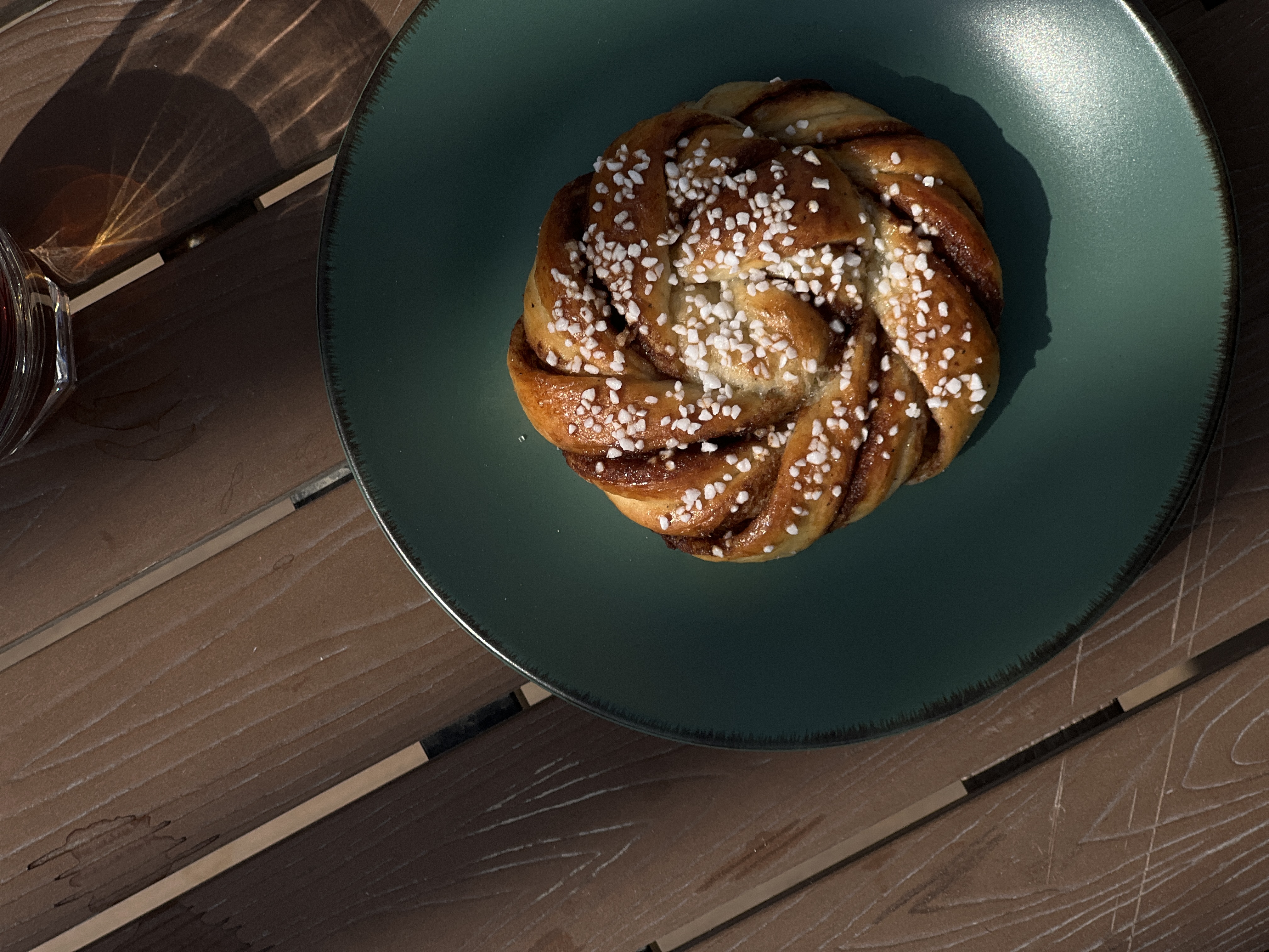 Close-up of a Swedish kanelbulle cinnamon bun